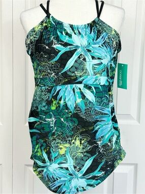 NWT Ocean Lily Turquoise Tropical Halter Maternity Tankini Swim Top XXL